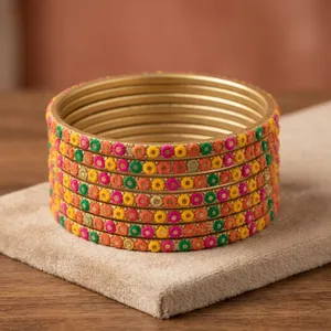 Multicolor Floral Dot Lac <b>Bangles</b> <b>Set</b> of 6 Pearl Bracelets & <b>Bangles</b> - Product Image 6