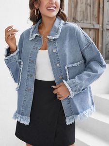 Chaqueta Vaquera para Mujer, Lavado Claro, Corta, con Botones al Frente, Bolsillos, Manga Larga, Estilo Vintage Desgastado, Casual, Primavera - Product Image 1
