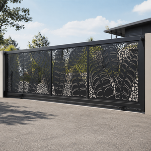 Black Metal Laser Cut <b>Leaf</b> Sliding Gate Modern Outdoor Decorative Security Driveway Entrance Fence Panel for Home Villa Patio - Product Image 4
