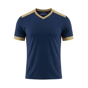 Camiseta Deportiva de Algodón Transpirable de Alta Calidad con Cuello en V, Logotipo Personalizado, Ribete en Contraste en Hombros y Mangas, Dos Tonos, Estilo Béisbol - Product Image 1