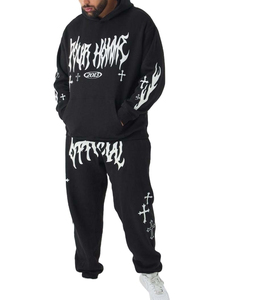 Unisex Oversized Vintage Acid Wash Distressed Sun Fade Streetwear Set Custom <b>Plain</b> <b>Tracksuit</b> Cotton Fleece Hoodie & Jogger Set - Product Image 1