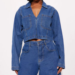 Conjuntos de dos piezas de mezclilla casuales a la moda para mujer, chaqueta de mezclilla y pantalones sin mangas, traje de mezclilla ajustado de verano para venta en línea - Product Image 2