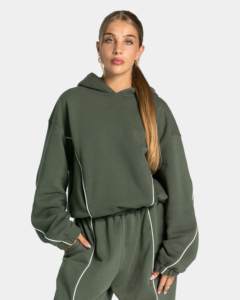 Ensemble de survêtement pour femme en molleton 100 % coton, couleur unie, style streetwear, écoresponsable, avec sweat à capuche oversize et pantalon de survêtement à jambes larges, personnalisable avec logo - Product Image 6