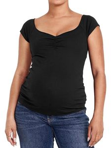 Camiseta de Maternidad Negra para Mujer, Cuello Redondo Fruncido, Manga Corta, Tejido Casual, Transpirable, Color Sólido - Product Image 3