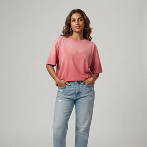 T-shirt ample en coton délavé à col rond et manches courtes pour femme, couleur unie, style décontracté, printemps-été - Product Image 1