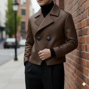 Unisex Canvas Formal Genuine Leather Woven Bomber <b>Jacket</b> Coated Crew Neck Front Logo Plain Dyed Breathable Windproof Premium - Product Image 5