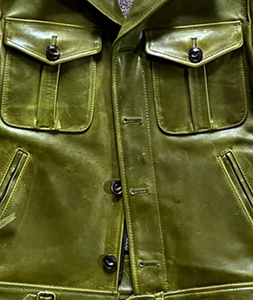 Veste d'hiver en cuir véritable pour homme, couleur olive, style workwear, col mandarin, coupe-vent, poches zippées épaisses sur le devant - Product Image 2