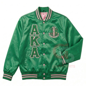 Lettre grecque verte rose Alpha pour femmes |   Kapa |   Blouson bomber en satin d'hiver Alpha Sorority, coupe courte, coupe-vent, pour femmes, AKA Sorority - Product Image 1