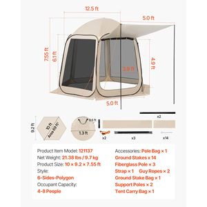 Tenda a baldacchino pop-up 10x9.2ft per 8 persone con tendalino esteso e tessuto Oxford, portatile con borsa per il trasporto - Product Image 5