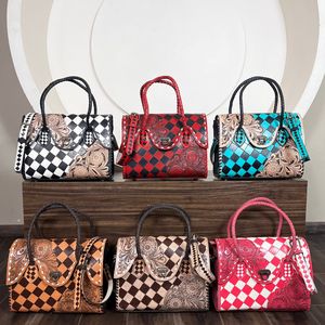 New Western Style Hand Tooled Cowhide Leather Tote <b>Bag</b> Checkered Floral Pattern Handmade Braided Handle Women's Designer Purse - Product Image 4
