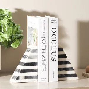 Porte-livres sculptural Art Déco en marbre rayé noir et blanc de luxe, support de livres en pierre naturelle, organisateur d'étagère décoratif pour la maison et le bureau - Product Image 5