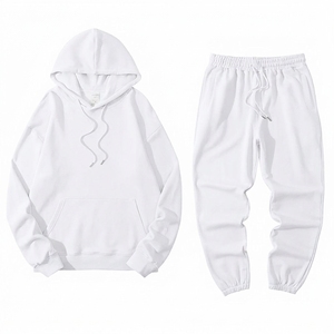 Unisex <b>Navy</b> Hooded Sweatshirt And Joggers Set Solid Color Casual Loose Fit Full Length 100% Cotton Autumn Wear - Product Image 2