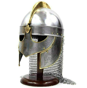 Casco réplica de Sutton Hoo con detalles intrincados, paneles en relieve plateados, adornos dorados, máscara con bigote estilizado y protectores para las mejillas. - Product Image 6