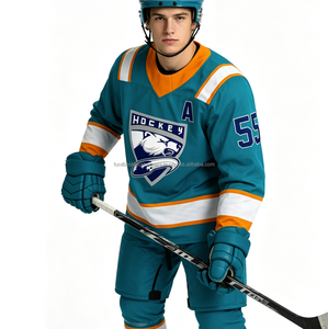 Maillot de hockey sur glace pour homme, couleur turquoise, respirant, imprimé par sublimation, col en V, manches longues, polyester, numéro d'équipe - Product Image 2
