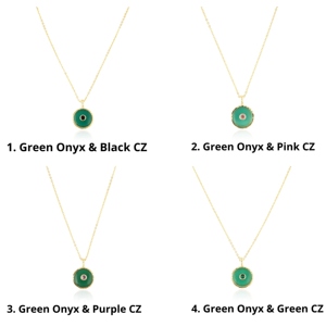 Collar llamativo con colgante de ónix verde de forma redonda, ligero y a la moda, con pequeños detalles de circonita cúbica y cadena de cable chapada en oro de 18k. - Product Image 2