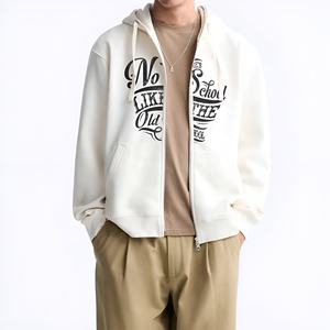 Sudadera con capucha cremosa estilo vintage con cremallera, chaqueta casual minimalista de streetwear, mezcla de algodón, cremallera completa, personalización de marca, OEM, ODM - Product Image 1
