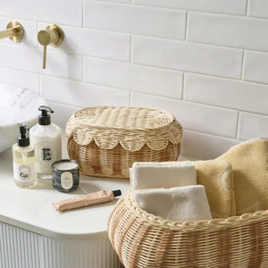 Eco Friendly Handwoven Rattan Storage <b>Basket</b> Set With Handle Scalloped Wicker Organizer <b>For</b> Nursery Toy Storage Home Decor - Product Image 6