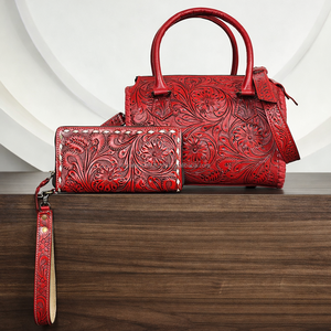 Conjunto de equipaje de cuero vacuno repujado a mano, bolso Speedy con cartera a juego, estilo occidental, conjunto de dos piezas, bolso de lujo para mujer. - Product Image 4