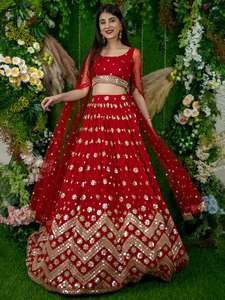 <b>Red</b> <b>Sequin</b> Embroidered Empire Waist A-Line Scoop Neck Solid Lehenga Choli Women Ethnic Dress Wedding Party Outfit - Product Image 3
