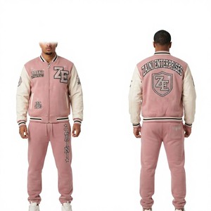 Mens Varsity Tracksuit 400 GSM Cotton Polyester Fleece Pink Cream Contrast Sleeves Custom Chenille <b>Embroidery</b> Print Logo - Product Image 1
