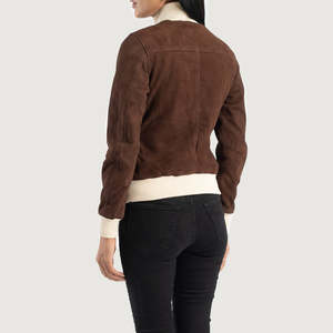 Furat Leathers Mocha <b>Suede</b> Quilted Breathable Eco-Friendly Quick Dry Winter Women's Biker Bomber <b>Jacket</b> Stand Detachable Collar - Product Image 2