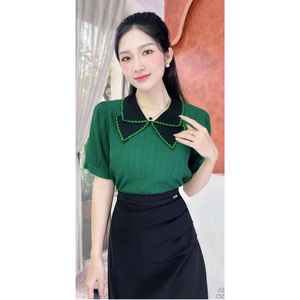 Blouse ODM pour femme toutes saisons en modal à manches courtes raglan avec col à nœud noir, haut uni formel de type classique - Product Image 3
