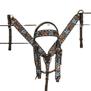 Cuero caballo occidental mano Tooled Collection Blue Floral Buckstitch Headstall and Breastcollar Set Tack by RN Enterprise" - Product Image 1