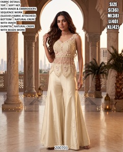 Elegant Cream Embroidered <b>Net</b> <b>Top</b> With Beads Work Natural Crepe Palazzo Pants Set For Women Wedding Party Wear Size S M L XL - Product Image 1