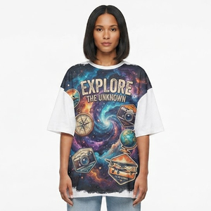 Camiseta Oversize para Mujer con Estampado de Galaxia, Cuello Redondo, Manga Corta, Ajuste Holgado, Transpirable, para Todas las Estaciones, Diseño con Parches - Product Image 1