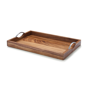 Plateau de service en bois rectangulaire avec incrustation métallique, design vintage, poignée durable - Product Image 6