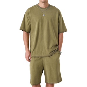 Conjunto de camiseta y pantalones cortos de algodón azul sólido para hombre, conjunto informal de verano con camiseta de manga corta tejida y pantalones cortos a juego - Product Image 5