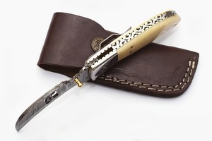 Damascus blade <b>knife</b> Eagle engraved wood <b>handle</b> Industrial grade folding <b>knife</b> Pocket <b>knife</b> with leather sheath - Product Image 2