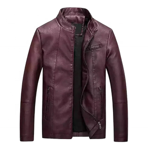 Veste en cuir PU bordeaux pour homme, style motard, col rabattu, fermeture éclair, coupe ajustée, longueur normale, couleur unie, hiver - Product Image 1
