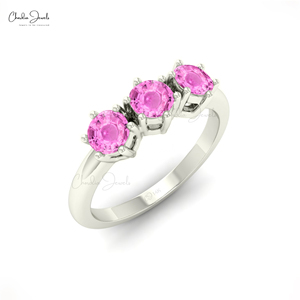 Wholesale Supplier Natural 4mm Prong Set Pink Sapphire <b>3</b> Stone Ring 14K Fine Gold Hallmark Proposal Ring Handmade Jewelry Offer - Product Image 1