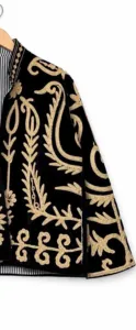 <b>Women</b> Boho Black <b>Velvet</b> Suzani <b>Jacket</b> Floral Embroidered Full Sleeve Stand Collar Handmade Ethnic Style Winter Outerwear - Product Image 4