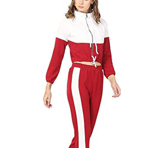 Sweat-shirt décontracté pour femme à col montant et fermeture éclair, manches longues, color block, rouge et blanc, 100 % polyester, pour l'automne - Product Image 6