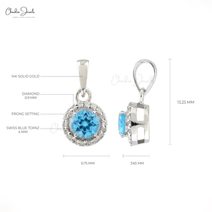 Pendentif Diamant Blanc Halo de Fabricant Asiatique, Or Pur 14 carats, Véritable Topaze Bleue Suisse 4mm, Collier en Pierre Précieuse, Remises sur Commandes en Gros - Product Image 2