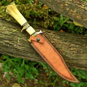 Custom Handmade Damascus Steel <b>Knife</b> 15 Inch <b>Bone</b> <b>Handle</b> With Brass Bolster Hunting Camping Outdoor Fixed Blade - Product Image 5