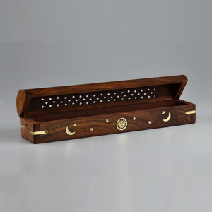 Luxury Handcrafted Wooden Incense Stick <b>Box</b> With Metal Star, Moon Inlay Work Carved Ash Catcher Holder For Home Decoration - Product Image 2