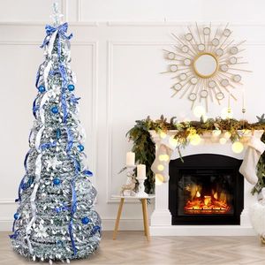 Albero di Natale Artificiale Pre-Illuminato da 2,1 m con 200 Luci Calde, Effetto Neve e Decorazioni Blu e Argento per Decorazioni Natalizie Domestiche - Product Image 6