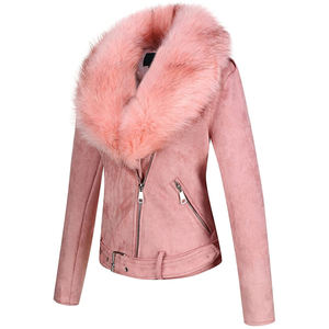 Wholesale Womens Pink <b>Suede</b> <b>Jacket</b> Faux Fur Collar Belted <b>Biker</b> Coat Zip Up Moto <b>Jacket</b> Fashion Winter Outerwear OEM Manufacture - Product Image 3