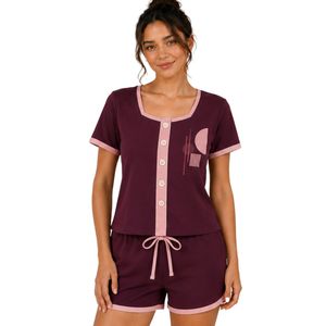 Burgundy And Pink Women Two Piece Shorts Set Square Neck Button <b>Top</b> Contrast Trim Graphic Print Casual Summer Cotton Lounge Wear - Product Image 1
