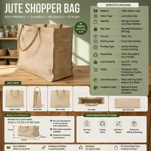 Sac de courses en jute personnalisé de qualité supérieure avec logo imprimé, réutilisable pour cadeaux d'entreprise, événements et promotions, en vente - Product Image 4