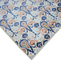 Handgeknüpfter Woll- und Seidenteppich im traditionellen Damast-Stil, Eisblau und Pfirsich, Niedrigflorig, 3 x 4,3 Meter, Wohnzimmer-Teppich
