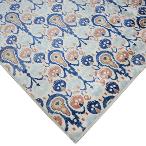 Tapis Damassé Traditionnel en Laine et Soie Noué à la Main Bleu Glacé et Pêche à Poil Court 10' x 14' pour Salon - Product Image 4