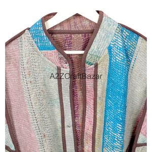 Traditional Eco-Friendly Cotton Kantha <b>Quilted</b> <b>Jacket</b> Color Blocking <b>Pattern</b> Vintage Kaya Woman's Mandarin Collar Autumn Winter - Product Image 5