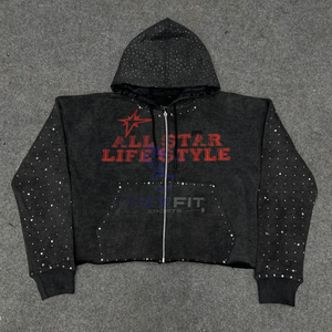 Customized Design Top Impact Best Zipper Distressed Hoodie <b>Rhinestone</b> Zip up <b>Jacket</b> Acid Wash Men Fleece Streetwear Hoodie - Product Image 1