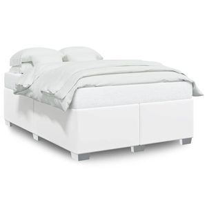 Cadre de lit double en bois de pin massif, revêtu de simili cuir blanc, produit rembourré en contreplaqué - Product Image 2