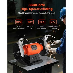 Smerigliatrice da banco monovelocità da 8 pollici ad alta velocità con motore a induzione da 3450 RPM 750W 6.2A, grana 36/60, alimentazione elettrica - Product Image 2