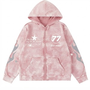 Sweat à capuche zippé rose brodé avec blocs de couleur, unisexe, coupe oversize, en polaire, décontracté, pour l'automne, avec poche avant ornée de strass, 100% - Product Image 1